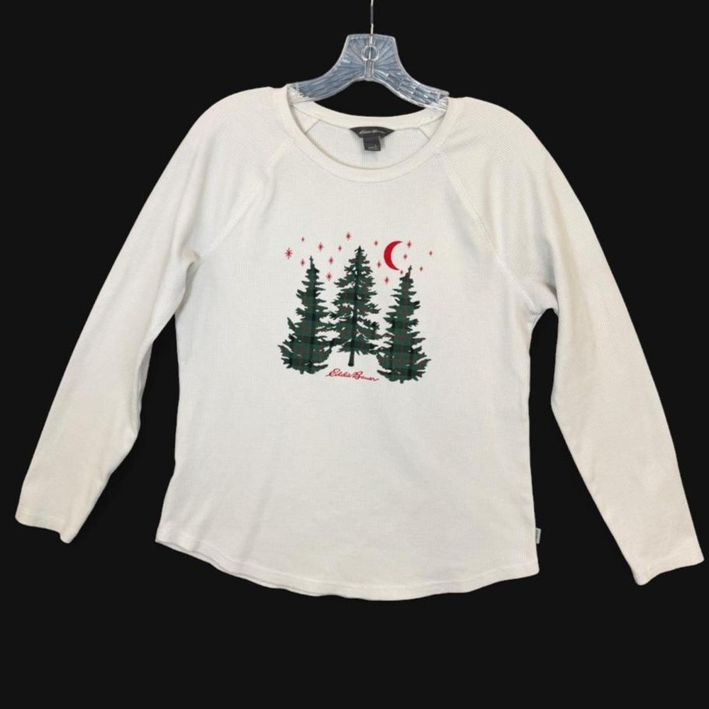 Eddie Bauer Womens Large Off White Waffle Knit Thermal Long Sleeve Plaid Holiday